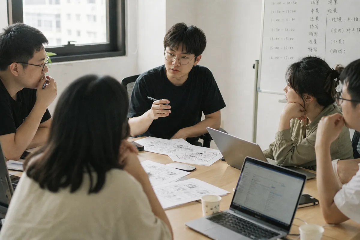 煦牧团队在会议室讨论拍摄方案